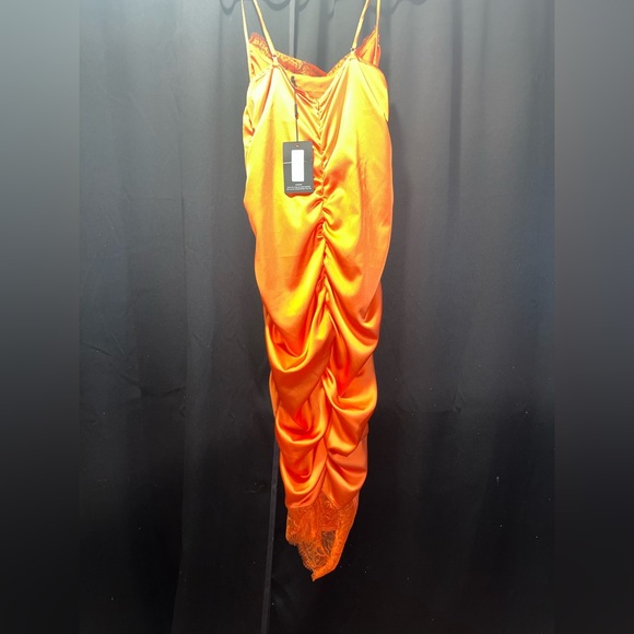 Orange Satin Plunge Ruched Midaxi Dress NWT - Picture 6 of 6